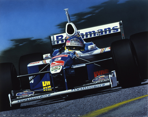 Jacques Villeneuve wins the 1997 World Drivers' Championship, driving the Constructors' Championship-winning Rothmans Williams Renault FW19 V10.